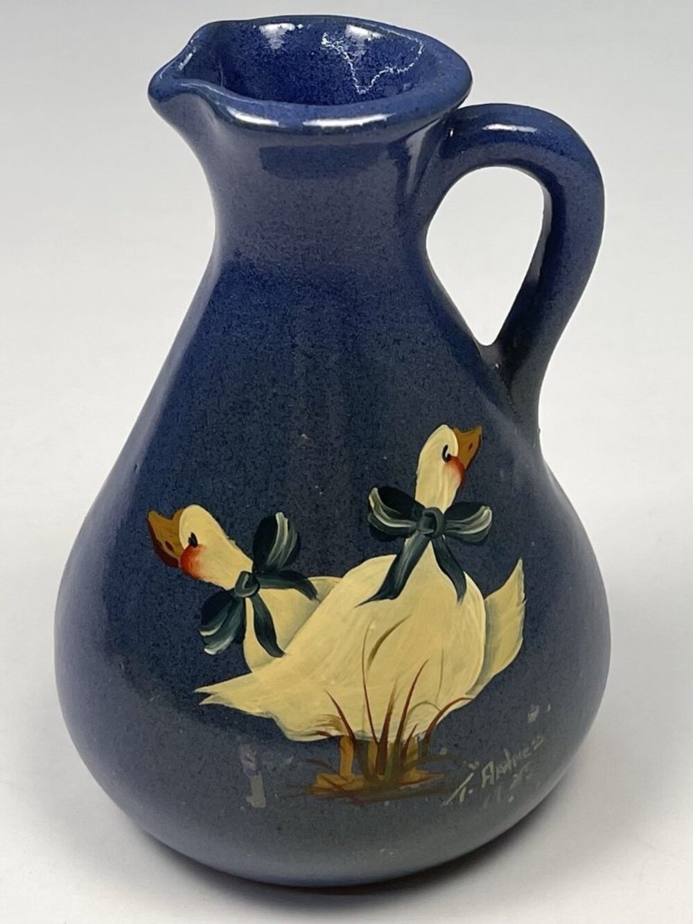 VTG 5" Studio Pottery Hand Painted Cobalt Blue Geese Goose CRUET Vase SIGNED EUC